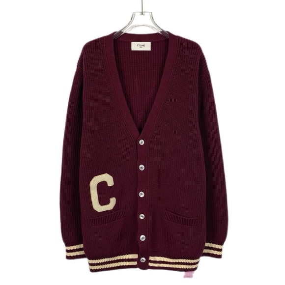 Celine Deep Burgundy Cardigan with Cream Accents - Picture 1 of 7